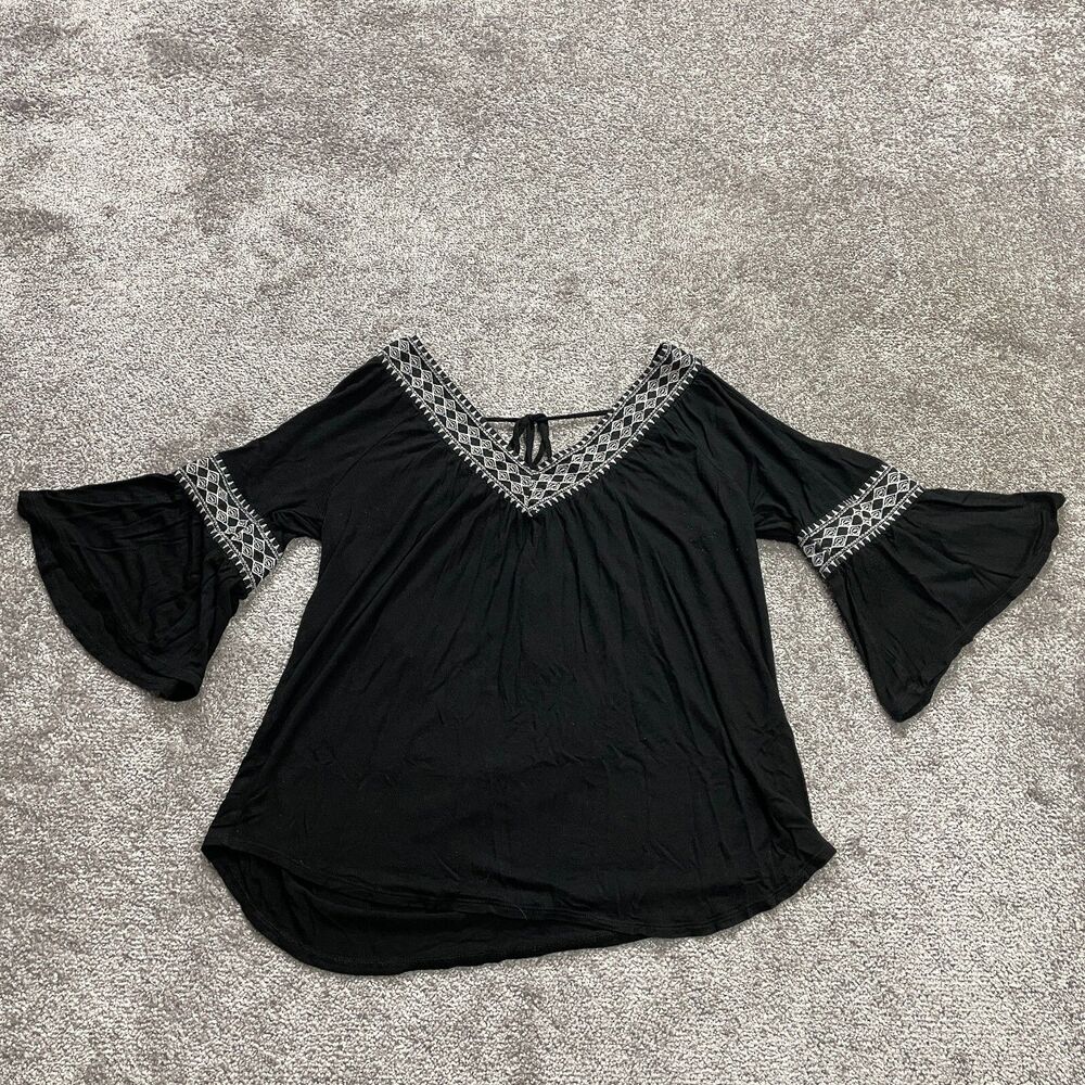G Collection Peasant Top Blouse Womens Medium Black Soft Rayon Long Sleeve Shirt